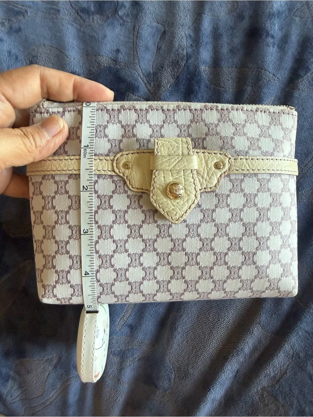 Authentic CELINE Cream Patterned Women's Zip Pouch with Cream Trim
